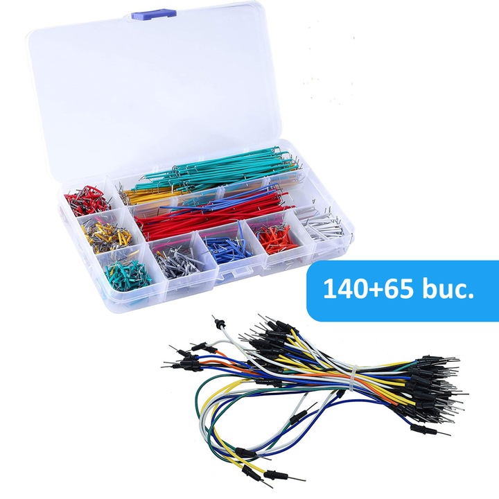 Set combinat de 65 de cabluri pentru breadboard + 140 de fire jumper pentru breadboard, fire izolate flexibile de 2mm–125mm, pentru aplicatii electronice multifunctionale