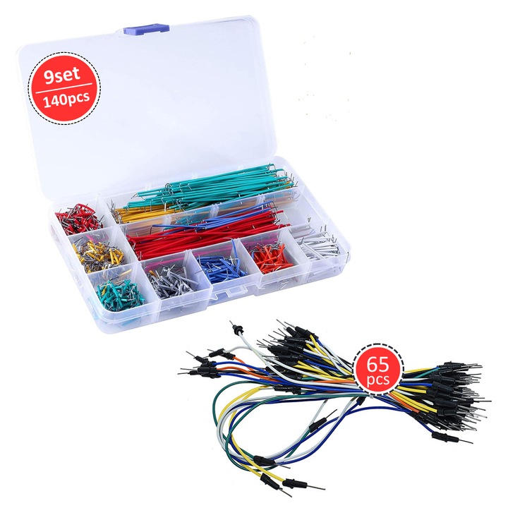 Set combinat de 65 de cabluri pentru breadboard + 140 de fire jumper pentru breadboard, fire izolate flexibile de 2mm–125mm, pentru aplicatii electronice multifunctionale