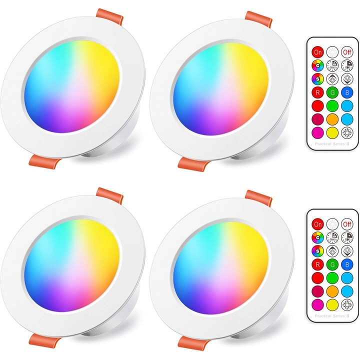 Set de 4 Spoturi LED Recesate 10W RGB Dimabile, Alb Cald, 12 Culori, Control de la Distanta