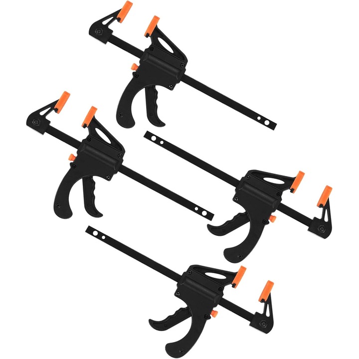 Set de 4 cleme de lemn cu actionare cu o singura mana, mecanism de eliberare rapida, 195mm, 0-100mm