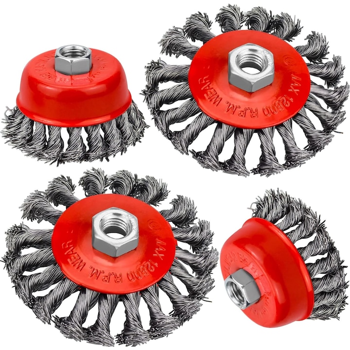 Set de 4 perii din sarma rasucite, 75mm si 100mm, pentru polizare, M14