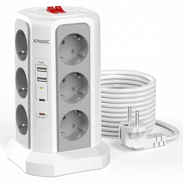 Turn Prelungitor XPQKDC cu 12 Prize si 4 Porturi USB, 4000W/16A Turn Priza Multipla cu 2 Intrerupatoare, Cablu 2m Gri Alb pentru Birou Bucatarie Acasa, Statie Incarcare USB Rapida, Protectie Suprasarcina Supratensiune