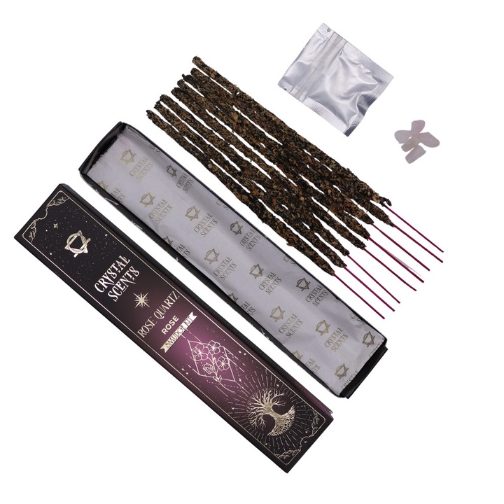 Betisoare parfumate cu cristal de Cuart roz si aroma de Trandafiri, Ritual de iubire, armonie emotionala si vindecare a inimii