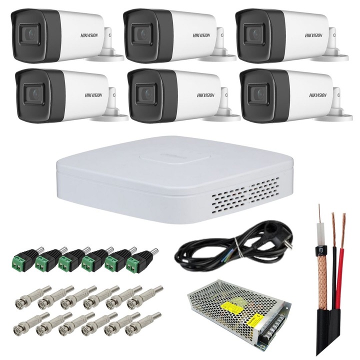 Sistem supraveghere Hikvision, 6 camere 3K 5MP, Dual Light 40m, Microfon, DVR 8 canale, Accesorii montaj incluse, Vizualizare pe mobil