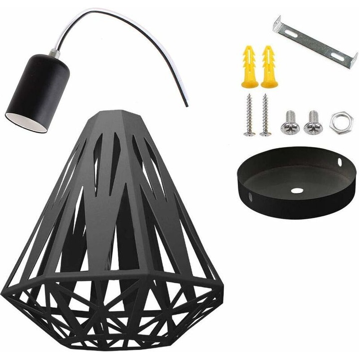 Lustra retro, design cu cusca din metal, finisaj negru, E27, pentru interior