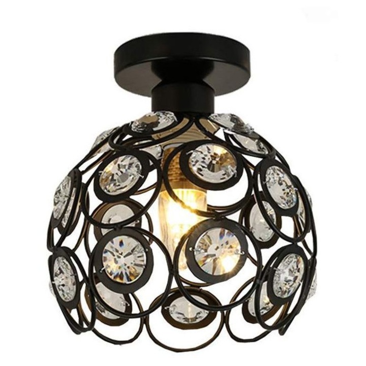 Lustra industriala din metal si cristal, 20x20cm, 220V, neagra