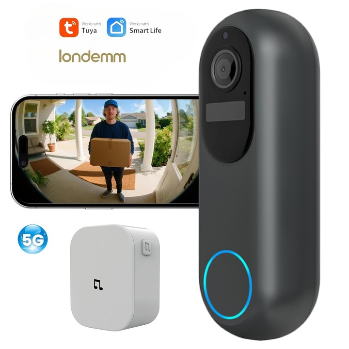 Sonerie Video Smart Wireless LONDEMM, Control Complet Prin Tuya App, 1080P Full HD, Wi-Fi Dual-Band, Baterie interna 9600 mAh, Senzor PIR, Detectie Miscare, Alerta Instant, Night Vision IR, IP65, Difuzor Interior Premium, Microfon, Negru