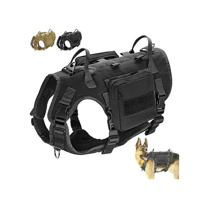 Vesta tactica pentru caini mari, 1 vesta + 2 pungi, negru/bej, ajustabil 50-100cm