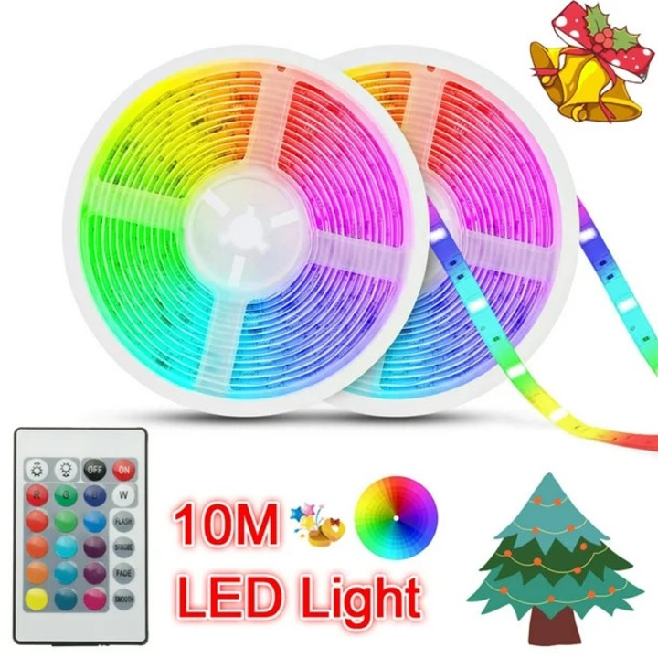 Banda LED 10m, RGB, autoadeziva, cu telecomanda, set complet