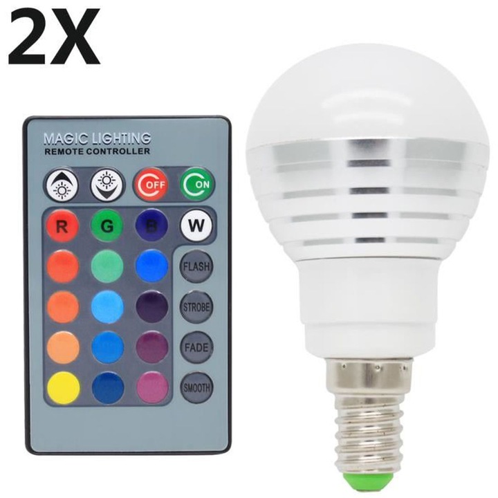 Set 2 becuri LED E14 RGB, 3W, 16 culori, cu telecomanda IR
