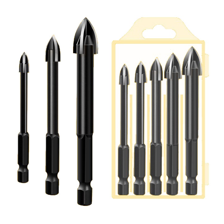 Set de burghie din carbura de tungsten, 5 piese, pentru metal, ceramica, beton, negru