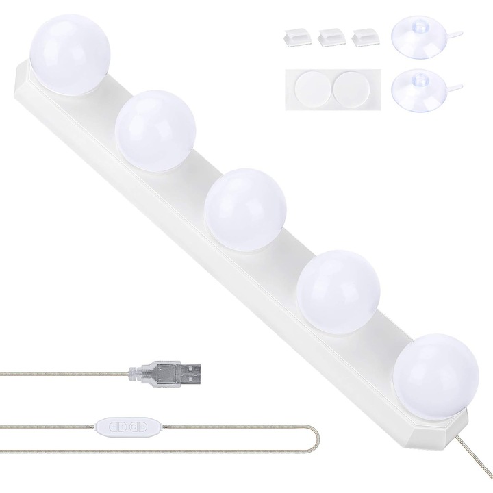Lampa LED pentru oglinda cu 5 becuri, 3 moduri de iluminare, alb, 34x5.6x5cm