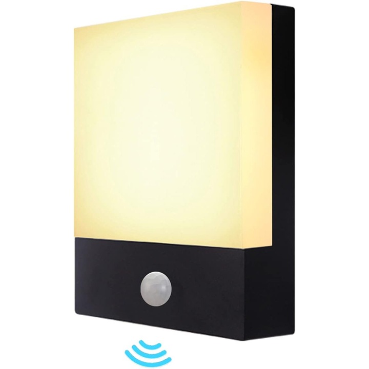 Aplica exterioara cu senzor de miscare, 18W, lumina calda 3000K, IP65, dimensiuni 21x17x7cm, culoare neagra
