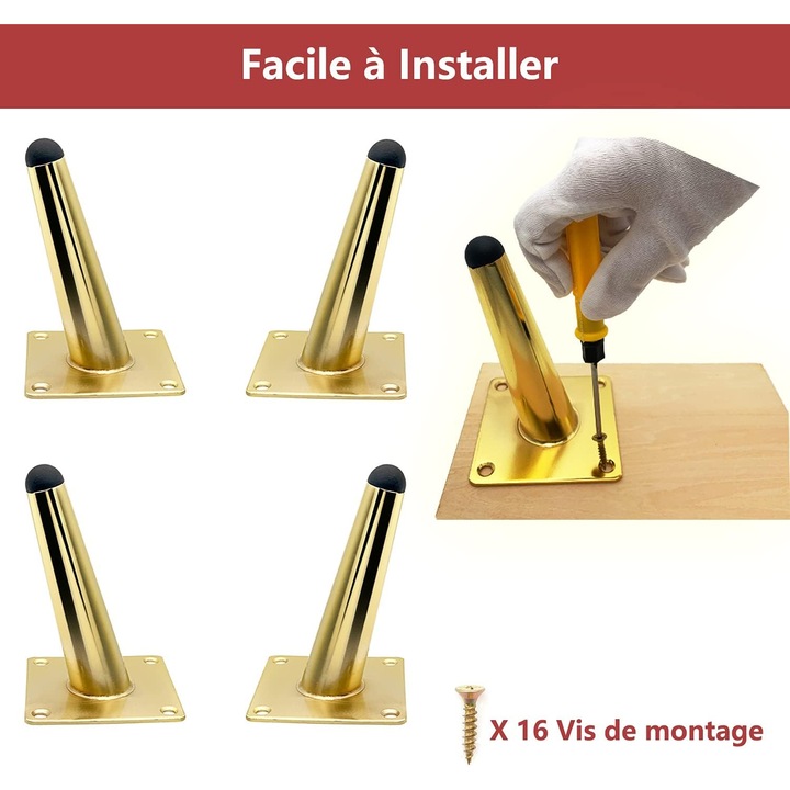 Set de 4 picioare de mobilier metalice aurii, inclinabile, 12cm, 8x8x12cm