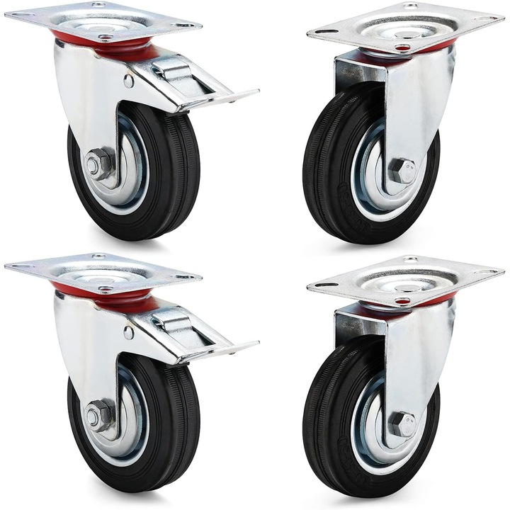 Set roti de transport 100mm, 4 bucati (2 pivotante + 2 pivotante cu frana), capacitate 280kg, dimensiuni 102x82mm