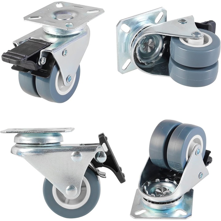 Set de 4 roti din cauciuc rezistente cu frane, 50 mm, pentru mobilier, carucioare, mese
