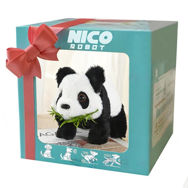 Jucarie de plus interactiva, panda robotic realist, alb-negru