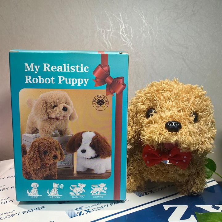 Interaktív játék, robot kutya, plüss, masnival, 30x20cm