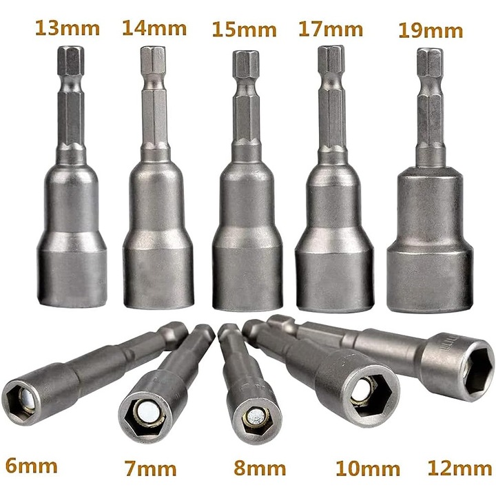 Set de 10 bucati adaptoare hexagonale 6-19mm din otel crom-vanadiu, pentru surubelnite si bormasini