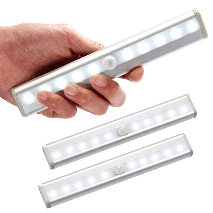 Veioza LED fara fir, 10 LED-uri, senzor de miscare, 19x3.2x2.4cm, set 3 bucati