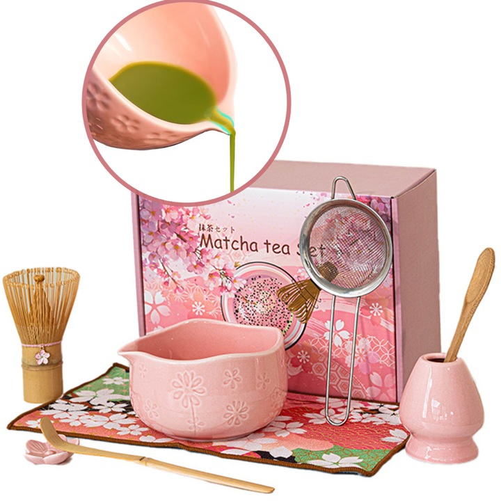 Set de 8 teluri Matcha - Bol Matcha in forma de floare | Tel si suport lucrate manual | Lingura si lingura din bambus | Suport pentru lingura | Sita si prosop de bucatarie - Set Matcha roz cu modele sculptate in flori de cires