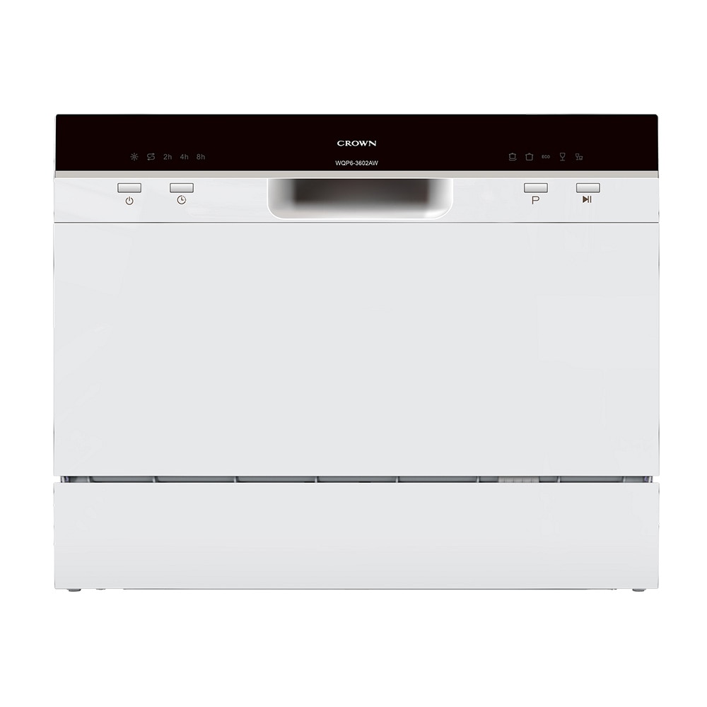 Masina de spalat vase compacta Crown WQP6-3602AW, Start intarziat, Program ECO, Indicator LED, Control digital, 6 seturi, 5 programe, Clasa F, Alba