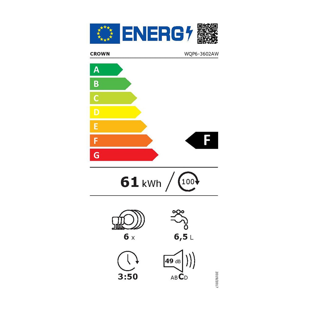 Masina de spalat vase compacta Crown WQP6-3602AW, Start intarziat, Program ECO, Indicator LED, Control digital, 6 seturi, 5 programe, Clasa F, Alba