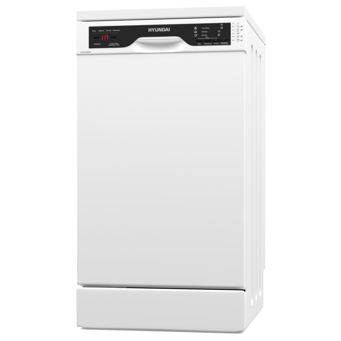 Masina de spalat vase, Hyundai HDW19-4560/W, Latime 45 cm, 10 seturi, 6 programe, tabel de control in greaca, Clasa E, Alb