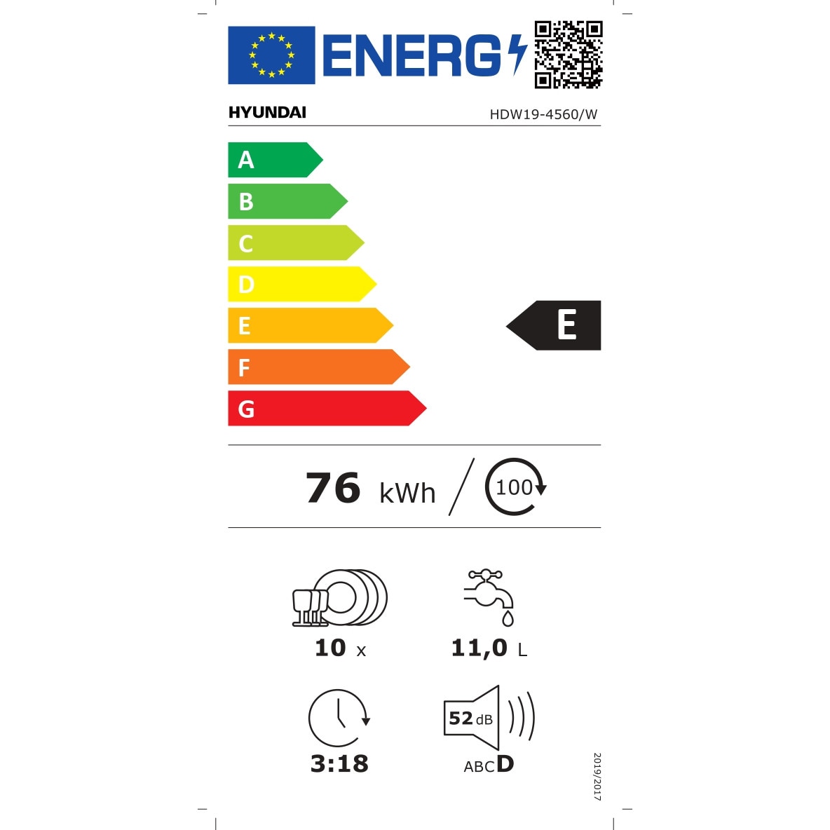 Masina de spalat vase, Hyundai HDW19-4560/W, Latime 45 cm, 10 seturi, 6 programe, tabel de control in greaca, Clasa E, Alb