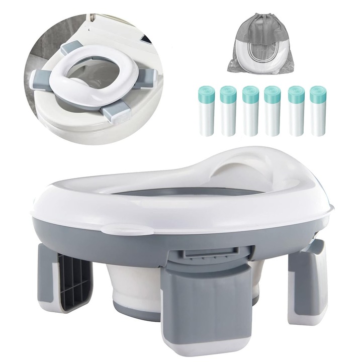 Olita portabila pentru copii, AFKSMILE, 3 in 1 reductor WC copii, Cu Picioare Rabatabile, Functie reductor WC, Cu geanta de depozitare, saci de gunoi, Pentru calatorii, camping, in aer liber, in interior, PP/TPE/ABS, 28.5*26.2*9cm, Gri