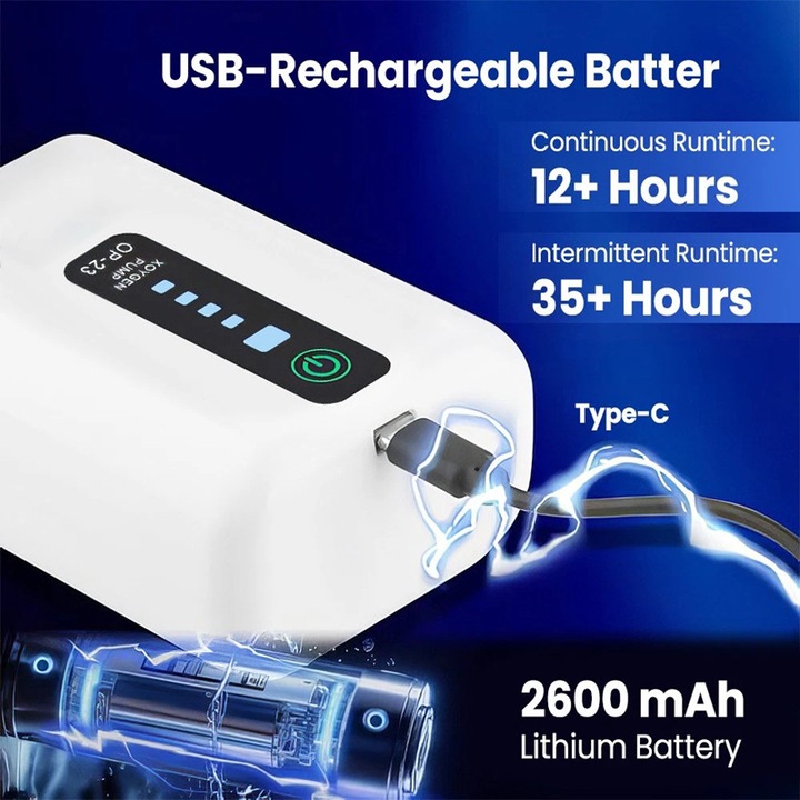 Pompa de aer pentru acvariu, Bedee®, 48 GPH/3.0 LPM, Pompa de oxigen reincarcabila cu doua moduri, Pana la 60 de galoane, moduri de alimentare duala, 2600mAh