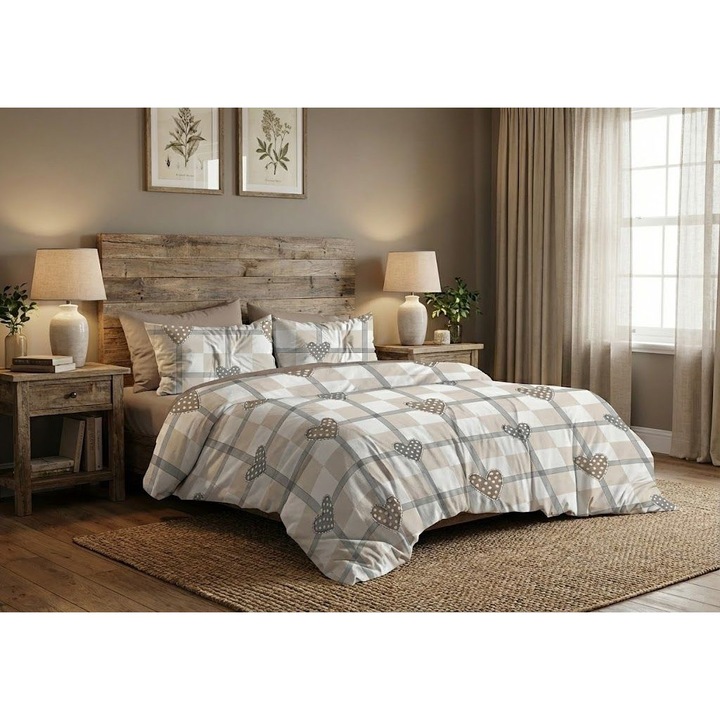 Lenjerie pat bumbac Finet 6 piese PROMO cu husa saltea 160x200 sau 180x200 cm, pilota 200x220 cm, 2 fete perna 50x70 si 70x70 cm, Bej Cappuccino, Pucioasa