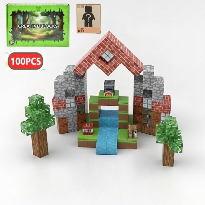 Set 100 Piese Bloci Magnetice 3D – Constructii Educative STEM, Camping in Natura, Casute si Copaci, Jucarie pentru Copii 3+