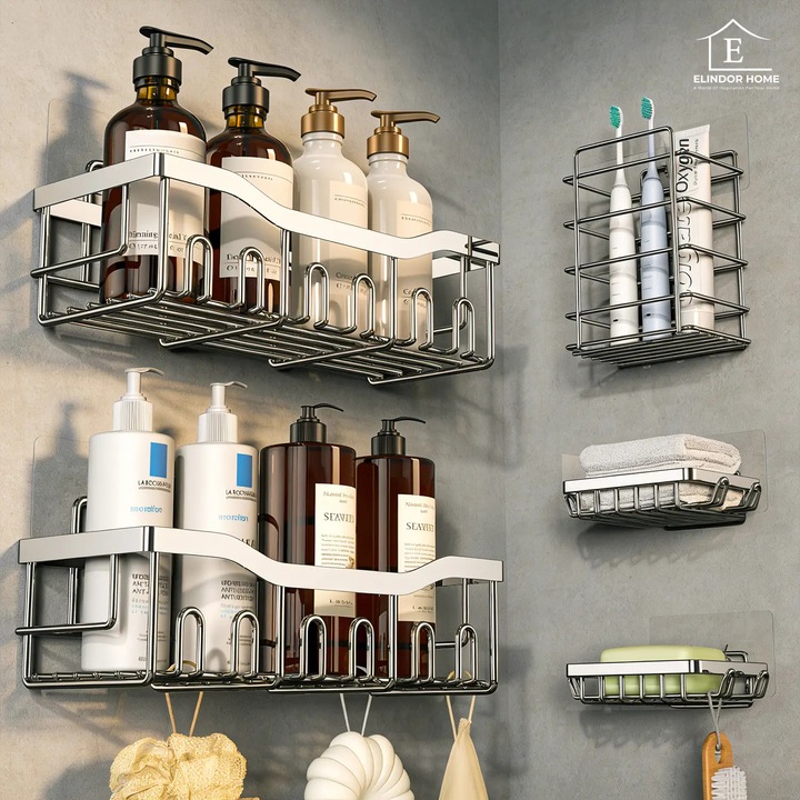 Set 5 Rafturi de Dus Elindor® Polita cu Adeziv, Etajera de Baie, Raft cu Carlige, din Otel Inoxidabil, Suport Prosop si Sapun, Organizator Baie sau Etajere Depozitare in Bucatarie, Accesorii Sanitare, Argintiu