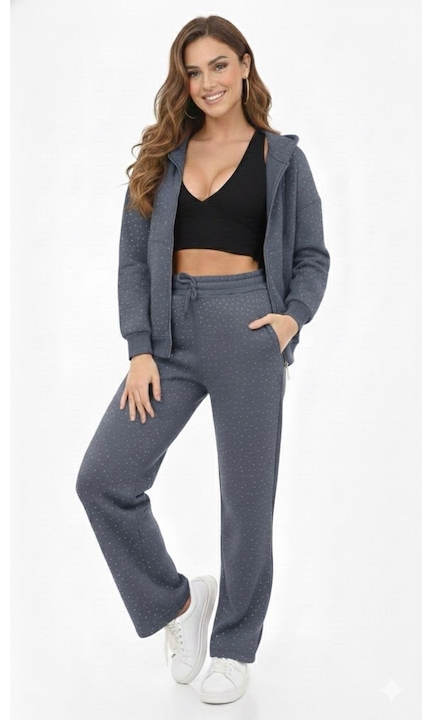 Trening dama, Gri, casual cu gluga si pantaloni cu snur, material moale, stil urban, Gri