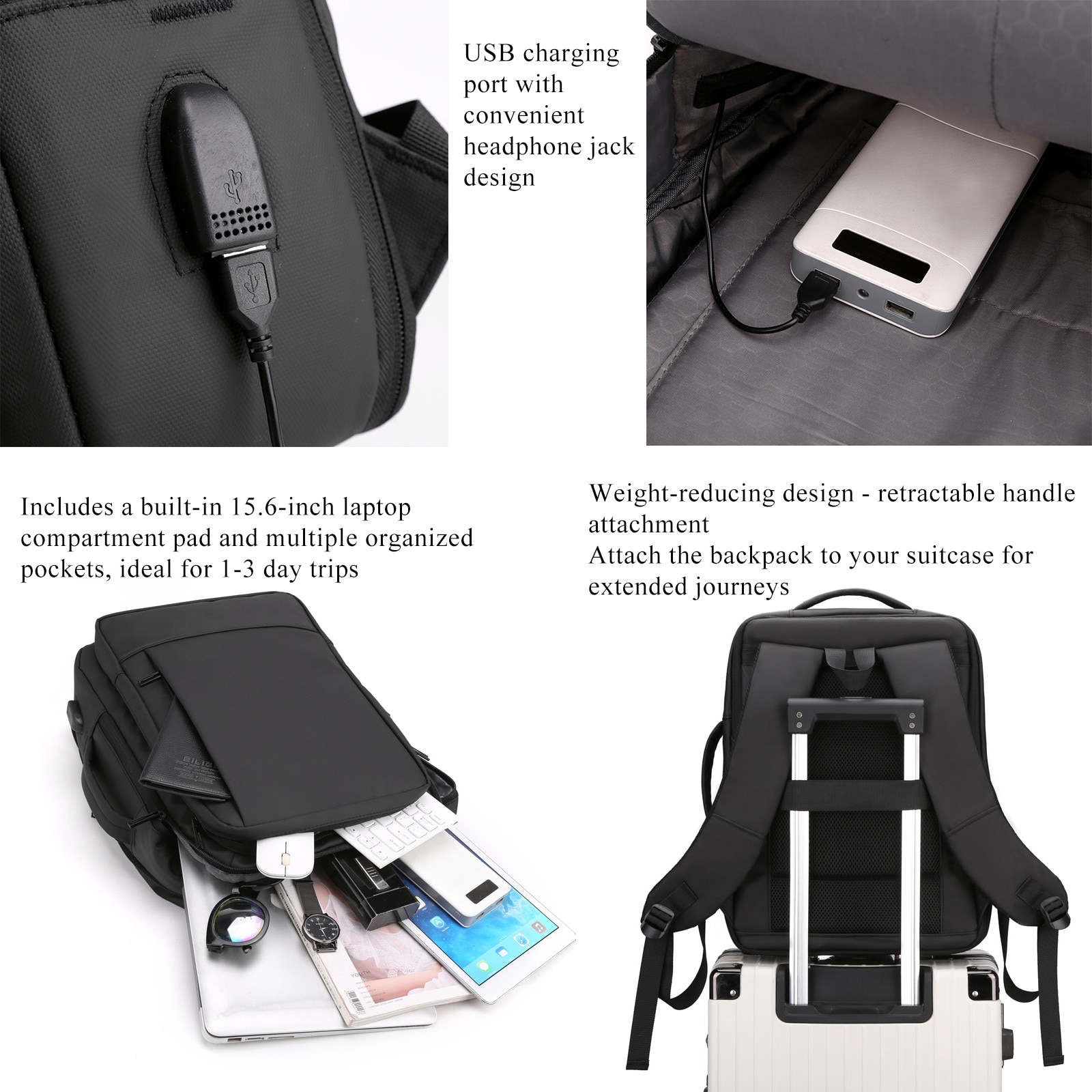 Rucsac de laptop pentru calatorie si business, cu port USB de incarcare, rezistent la apa si extensibil. Compatibil cu laptopuri 15.6 & 13.3 inch, pentru barbati, femei, studenti si naveta zilnica