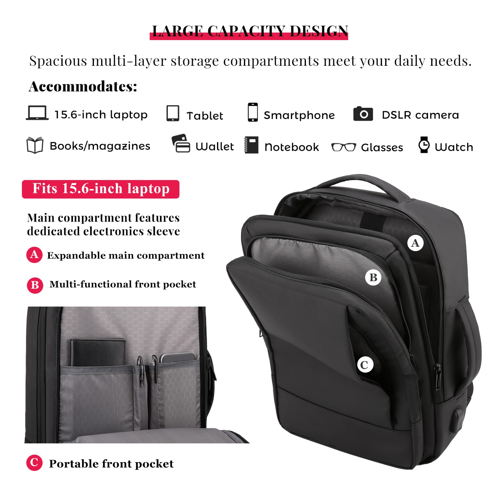 Rucsac de laptop pentru calatorie si business, cu port USB de incarcare, rezistent la apa si extensibil. Compatibil cu laptopuri 15.6 & 13.3 inch, pentru barbati, femei, studenti si naveta zilnica