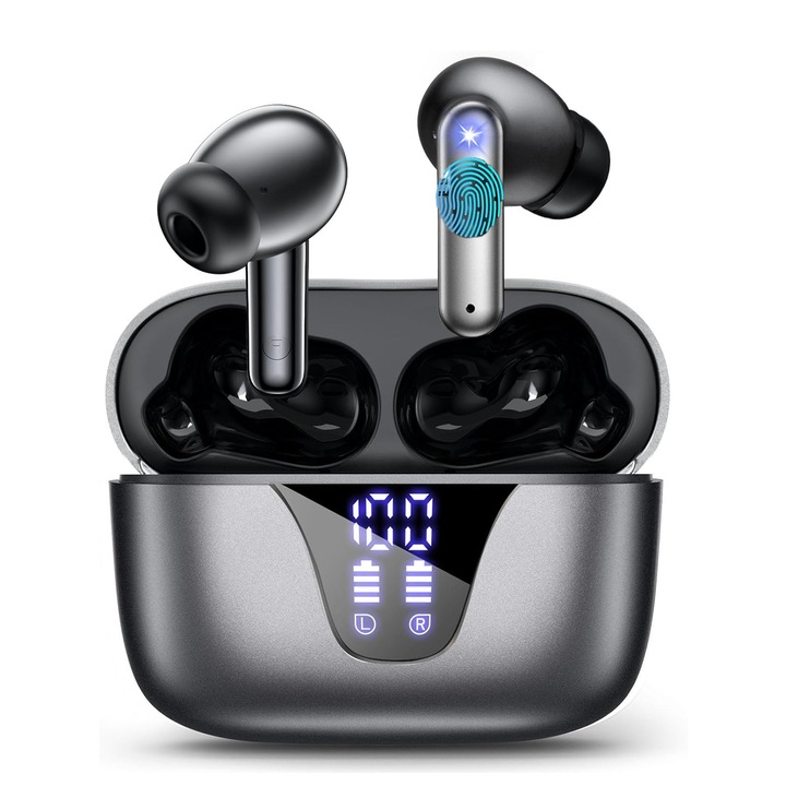 Vezeték nélküli fülhallgató, zajszigetelő, in-ear Bluetooth, vezeték nélküli, digitális kijelző, Bluetooth 5.4 fülhallgató, 42 órás Bluetooth akkumulátor-üzemidő, HD mikrofon, érintésvezérlés, 40 ms késleltetés, IPX4, univerzális, fekete
