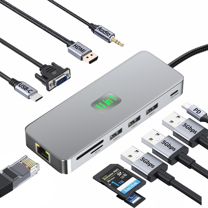 11 az 1-ben USB-C többmonitoros dokkoló, 4K nagy felbontású, 11 az 1-ben kétmonitoros 60 Hz-es, HDMI és DisplayPort hub, Gigabit Ethernet, 100 W-os tápegység, kompatibilis a Dell, HP és Lenovo Surface Type-C laptopokkal