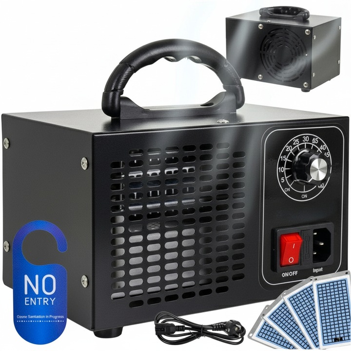 Generator de ozon 150 W cu 4 placi ceramice, Zola, 220–240 V, temporizator 1–60 min, eticheta avertisment, 13.5 x 20.5 x 14 cm, negru