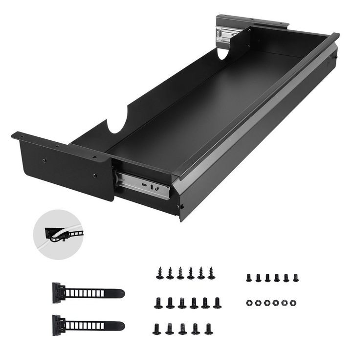 Sertar glisant sub birou, organizator negru 84x23x10 cm, extensibil, cu panou frontal detasabil