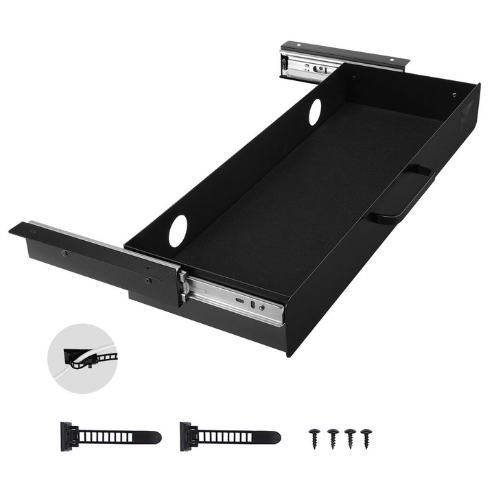 Sertar glisant sub birou, negru, extensibil, dimensiuni 63, 5x22, 9x7, 6cm, pentru organizare birou