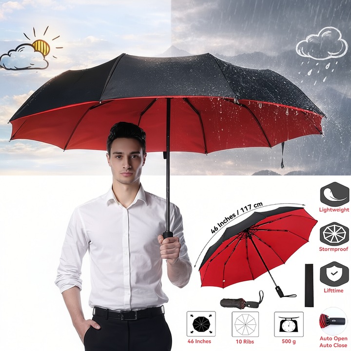 Umbrela pliabila Wanyan, 46 inch, rezistenta la ploaie si vant, neagra，Cu cutie cadou neagra