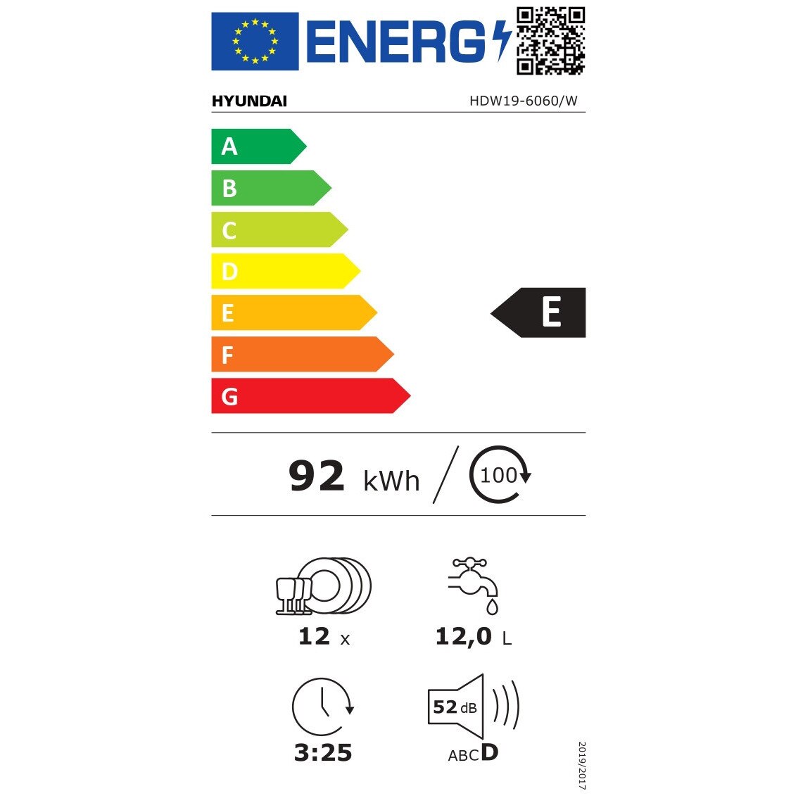 Masina de spalat vase, Hyundai HDW19-6060/W, Latime 60 cm, 12 seturi, 6 programe, tabel de control in greaca, Clasa E, Alb
