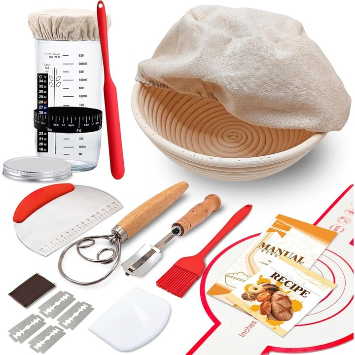 Kit complet pentru incepatori cu maia, Cos de dospit pentru paine Banneton, cu borcan de sticla pentru incepatori, Accesorii pentru copt paine cu maia, Cos rotund de dospit pentru paine de 9 inch, WALALLA