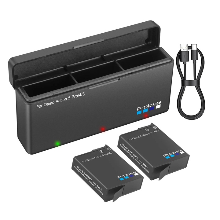 Set 2 acumulatori 2200mAh + incarcator triplu cu USB-C pentru camere actiune DJI Osmo Action 6 / Action 5 Pro / Action 4 / Action 3 / DJI Osmo 360