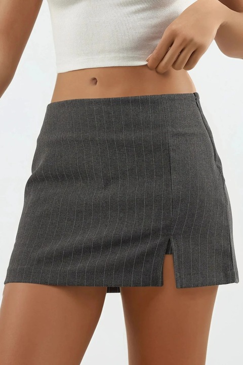 Fusta mini, HiCCUP, cu dungi, detaliu slit, gri inchis, bumbac