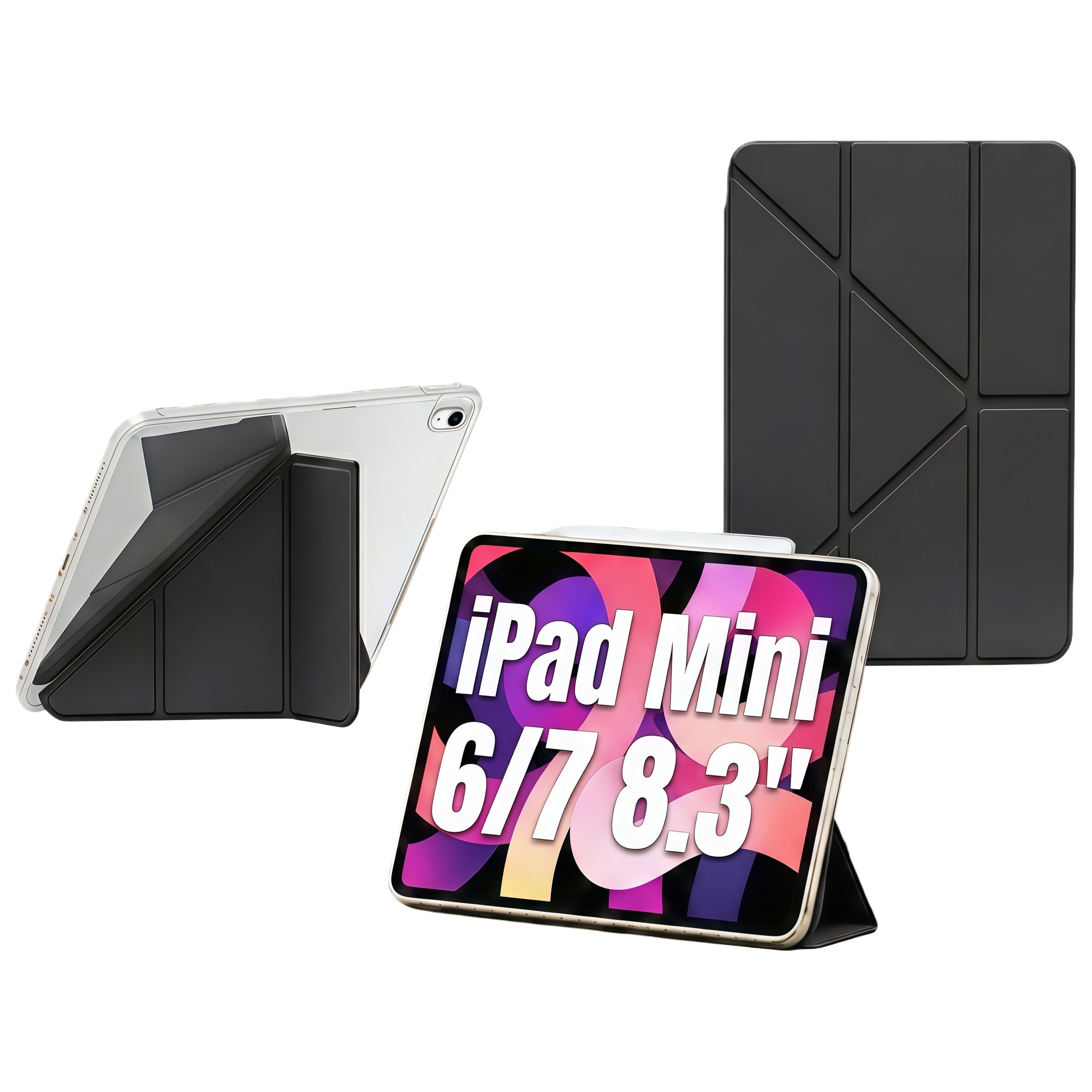 Husa Smart Cover pentru Apple iPad Mini 6 / Mini 7 8.3 inch, Stand Pliabil tip Y (Origami), Spate Transparent, Slot pentru Pen, Functie Auto Sleep/Wake, Anti-soc, Negru
