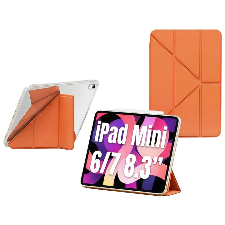 Husa Smart Cover pentru Apple iPad Mini 6 / Mini 7 8.3 inch, Stand Pliabil tip Y (Origami), Spate Transparent, Slot pentru Pen, Functie Auto Sleep/Wake, Anti-soc, Portocaliu