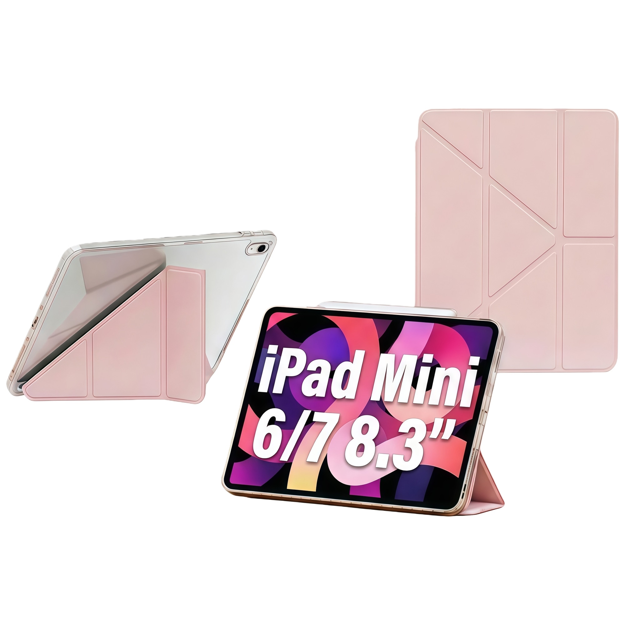 Husa Smart Cover pentru Apple iPad Mini 6 / Mini 7 8.3 inch, Stand Pliabil tip Y (Origami), Spate Transparent, Slot pentru Pen, Functie Auto Sleep/Wake, Anti-soc, Roz